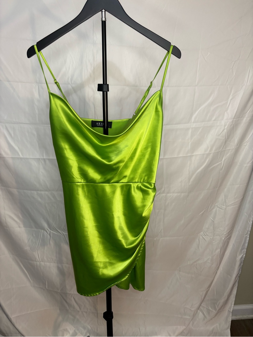 AKIRA Neon Lime Satin Cowl Slip Dress